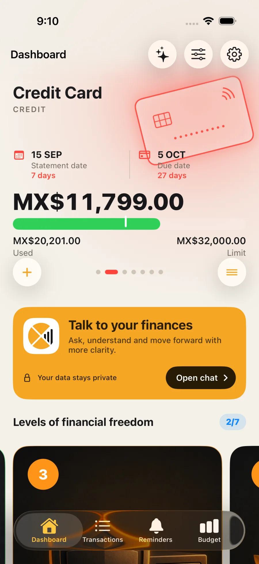 Tela real de cartões e pagamentos do Ctrl Xpenses, com interface em inglês