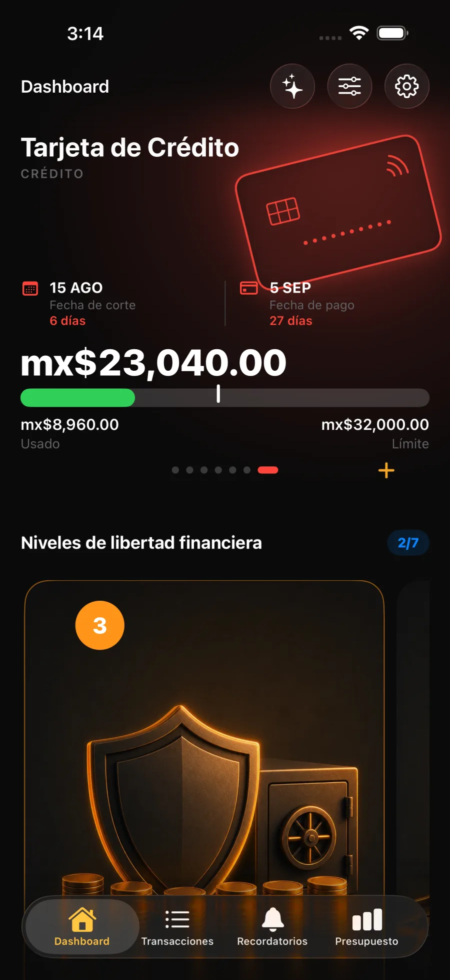Pantalla de tarjetas y próximos pagos de Ctrl Xpenses