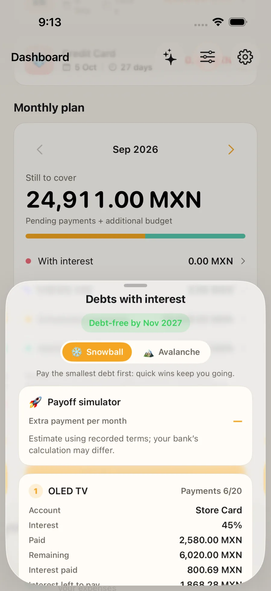Tela de plano de dívidas do Ctrl Xpenses; interface do app em inglês